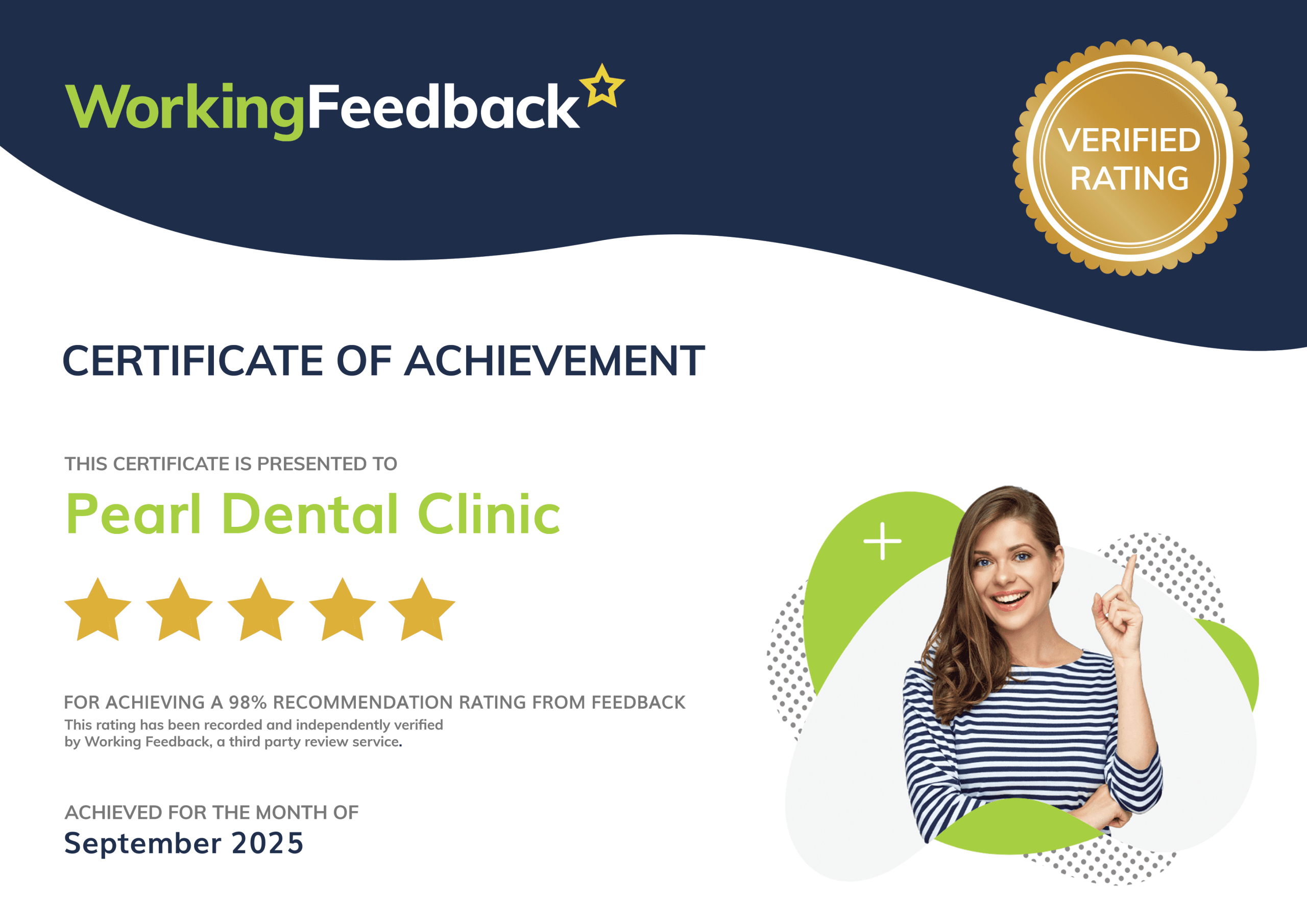 Pearl Dental Clinic Working Feedback Certificate