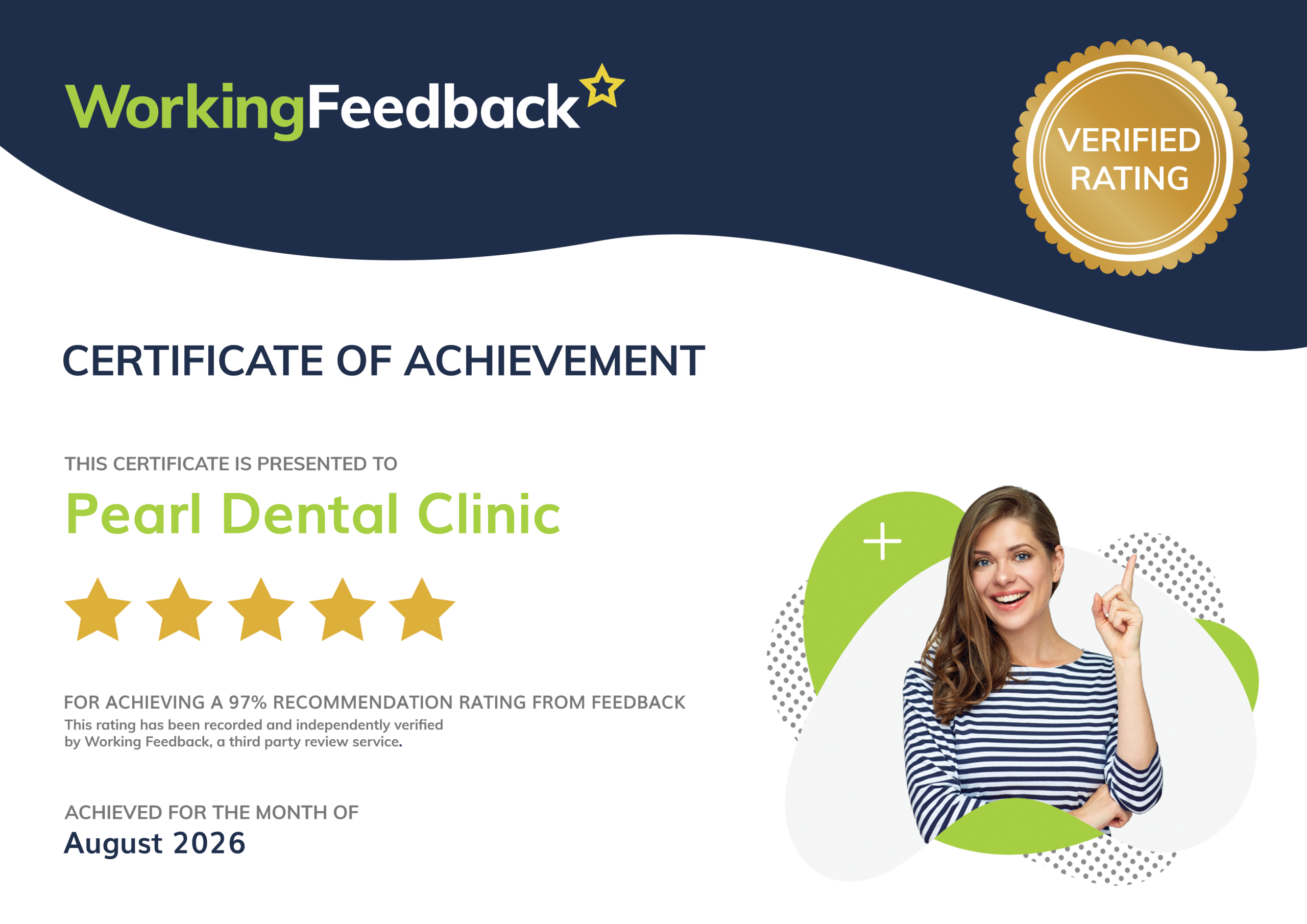 Pearl Dental Clinic Working Patient Feedback Certificate